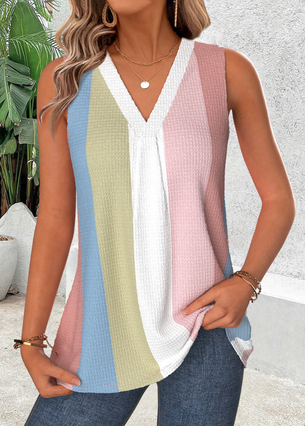 Multi Color Striped Sleeveless V Neck Tank Top | picture 