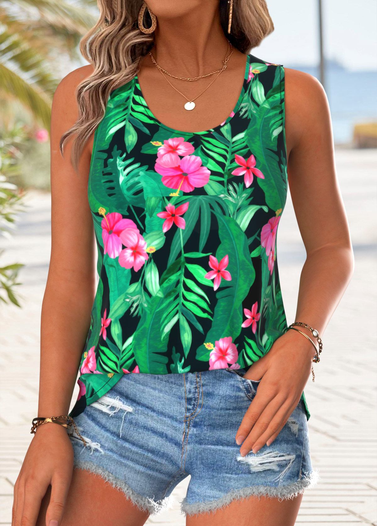 Multi Color Floral Print Sleeveless Round Neck Tank Top | picture 