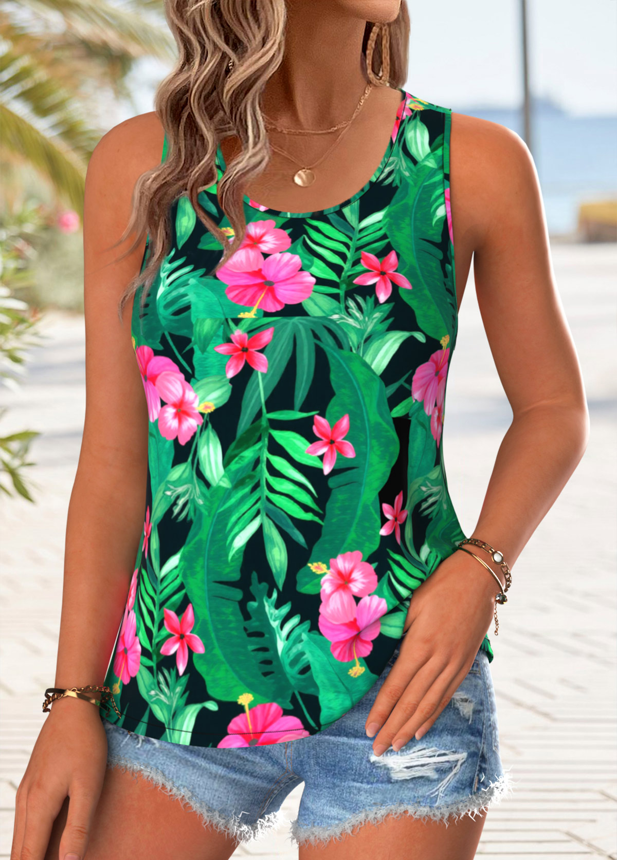 Multi Color Floral Print Sleeveless Round Neck Tank Top | picture 