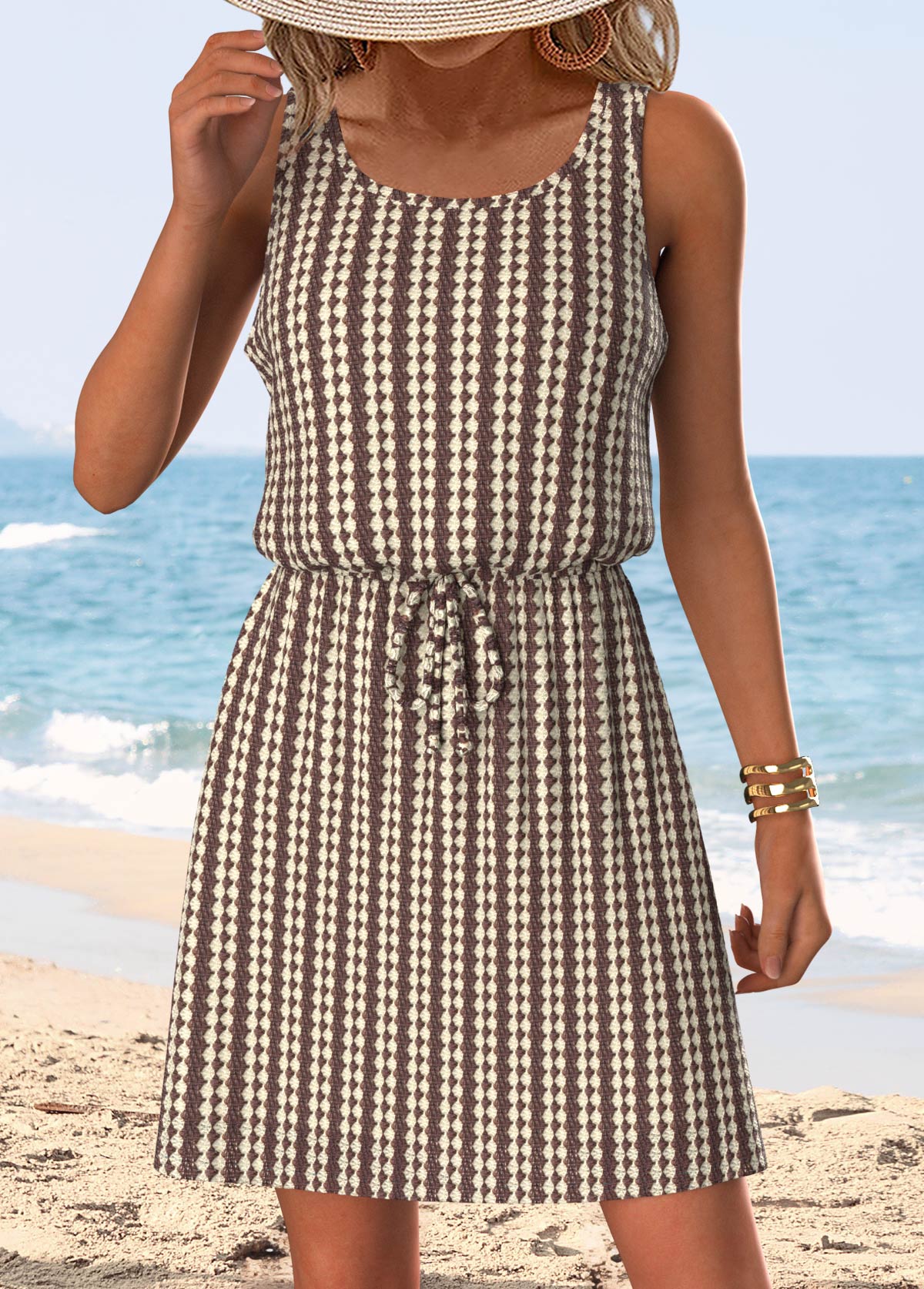 Dark Coffee Tummy Coverage Striped Short Sleeveless Dress | picture 