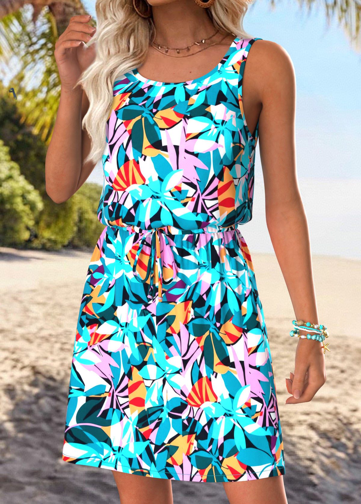 Multi Color Tummy Coverage Leaf Print Short Sleeveless Dress | picture 