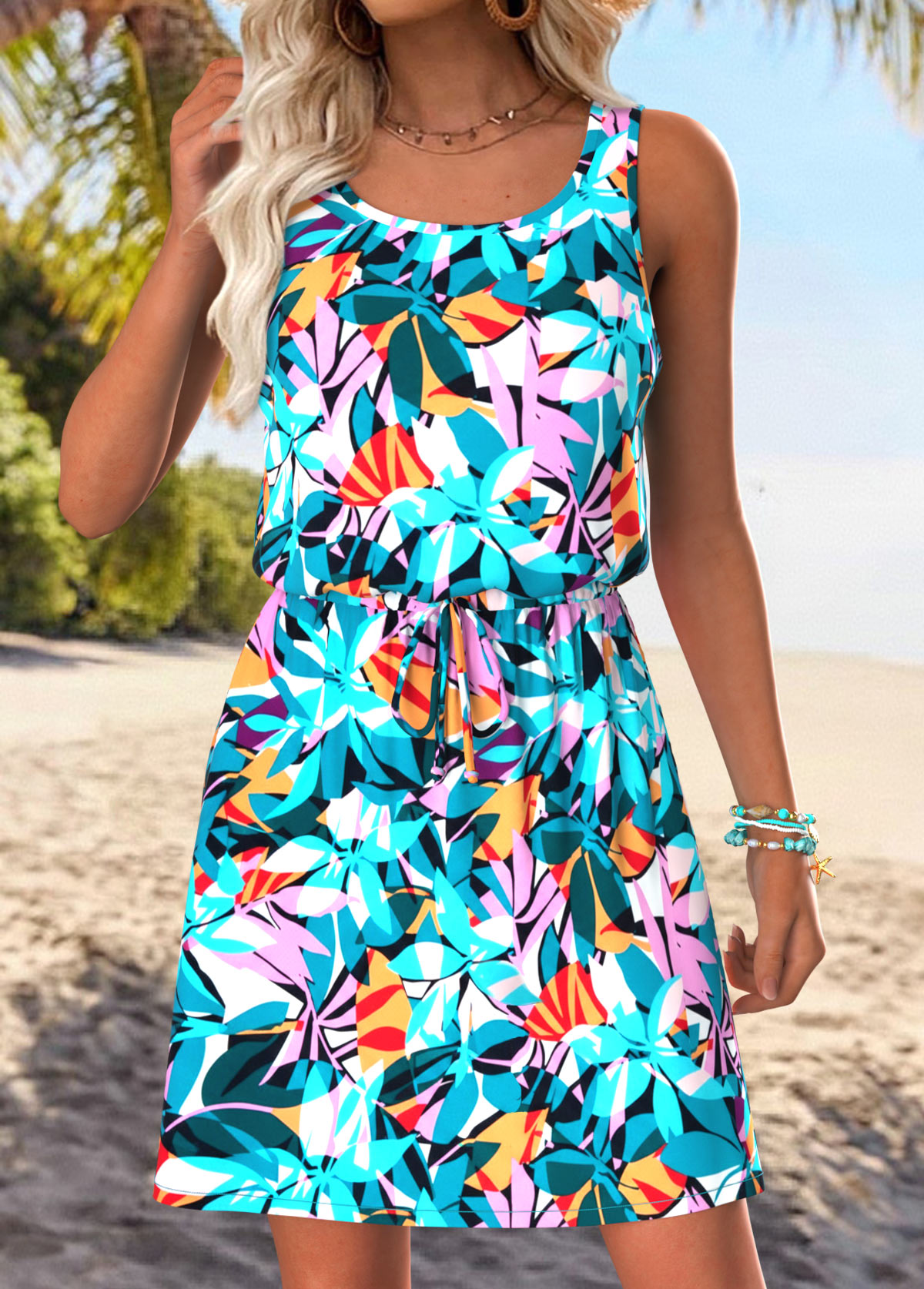 Multi Color Tummy Coverage Leaf Print Short Sleeveless Dress | picture 