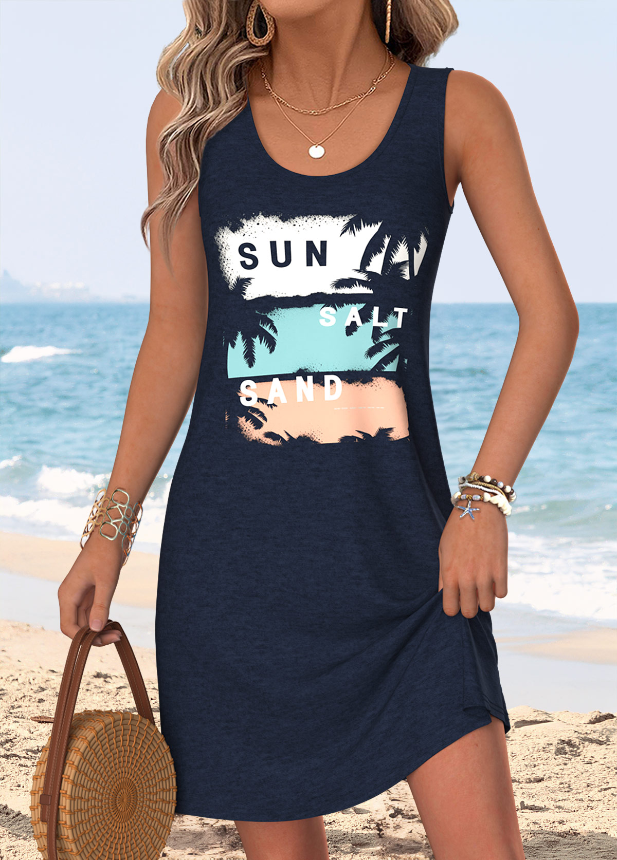 Navy Tummy Coverage Tropical Plants Print Short Sleeveless Dress | picture 