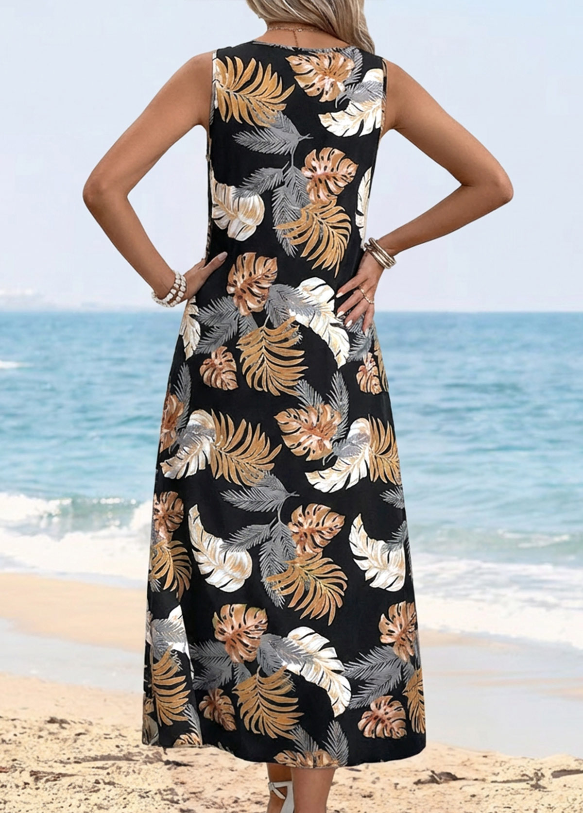 Black Tummy Coverage Leaf Print Sleeveless Round Neck Dress | picture 