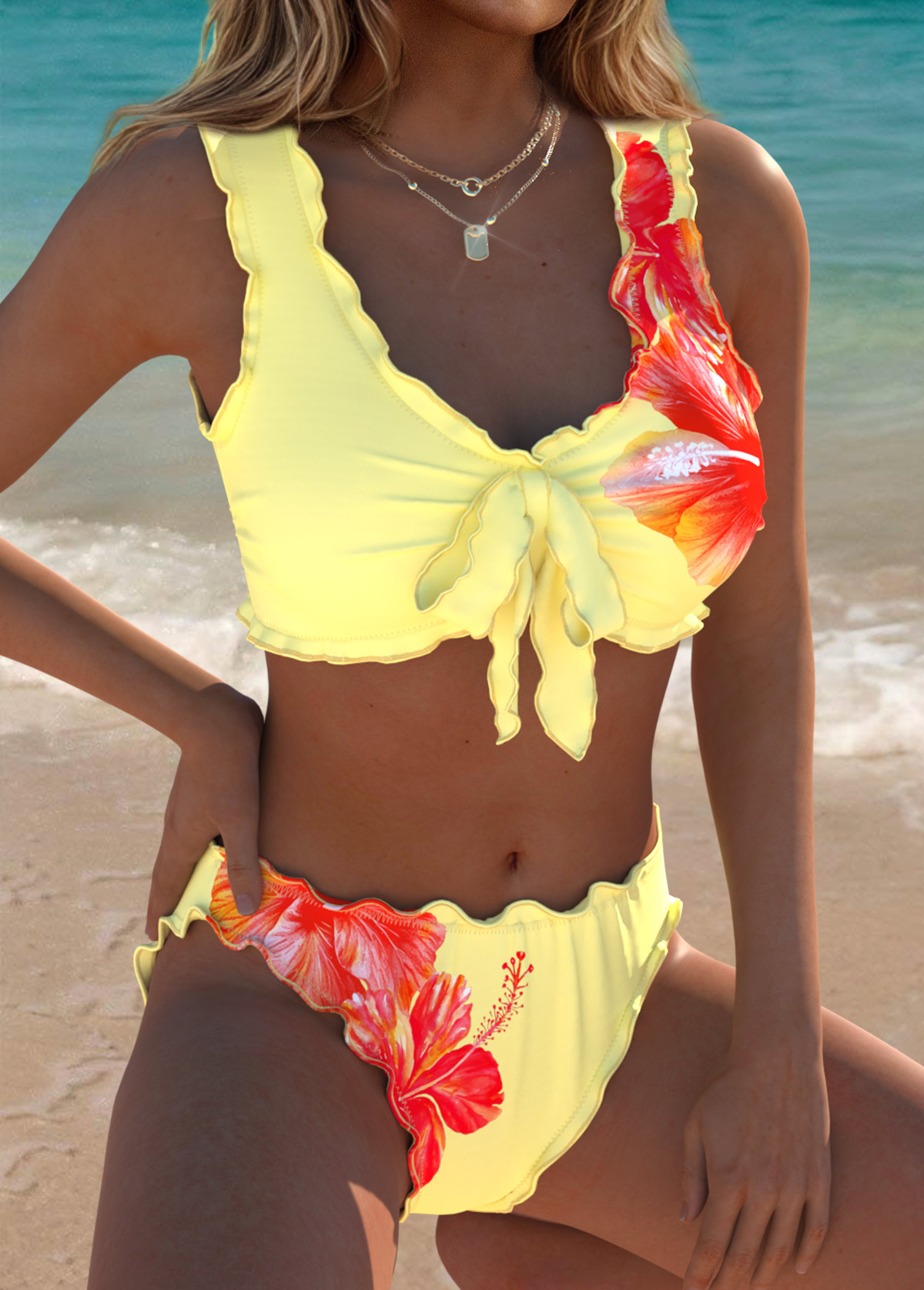 Pull On Light Yellow Floral Print Bikini Set | picture 