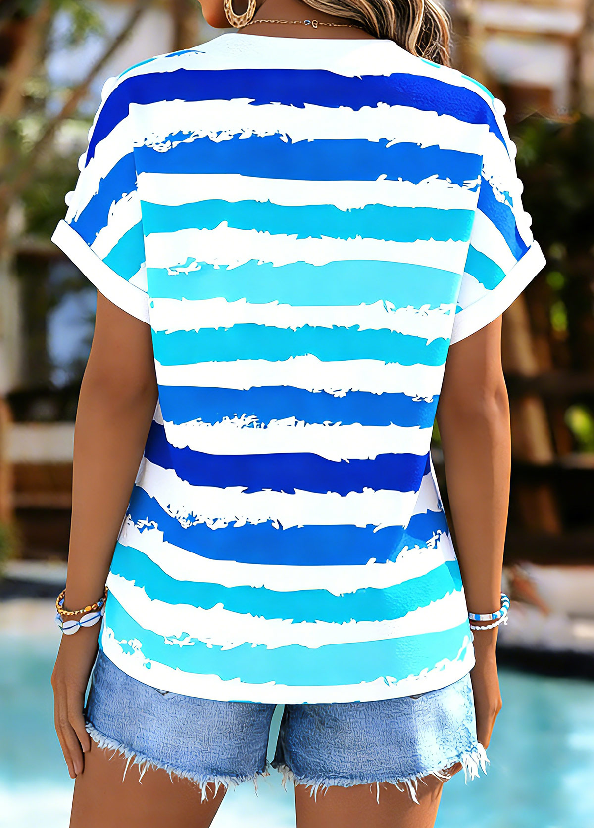 Cyan Curved Hem Multi Stripe Print T Shirt | picture 