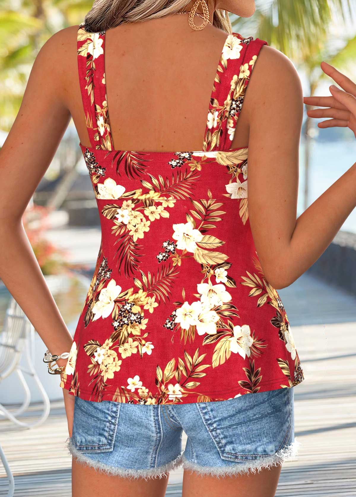 Red Peplum Floral Print Sleeveless Heart Collar Tank Top | picture 