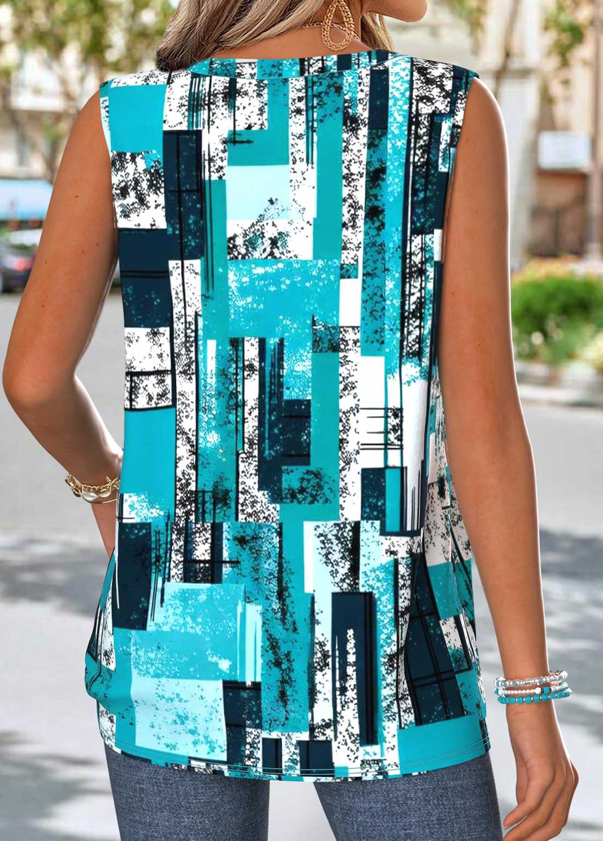 Cyan Tummy Coverage Geometric Print Sleeveless Tank Top | picture 