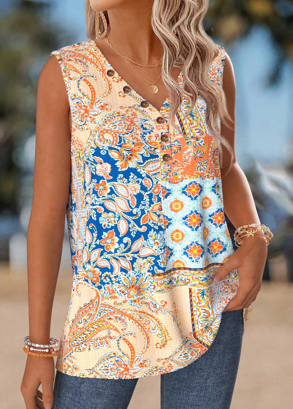 Multi Color Tummy Coverage Patchwork Sleeveless Tank Top | picture 