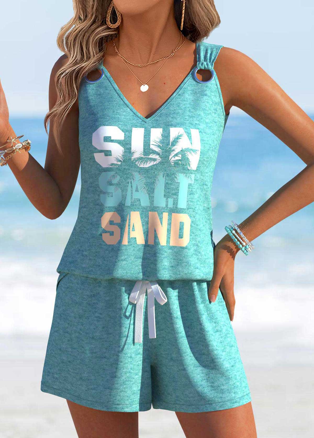 Mint Green Letter Print Sleeveless Tank Top and Shorts | picture 