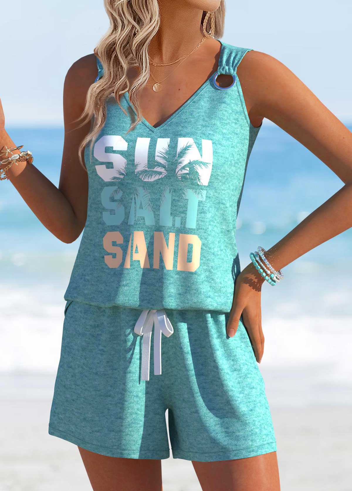 Mint Green Letter Print Sleeveless Tank Top and Shorts | picture 