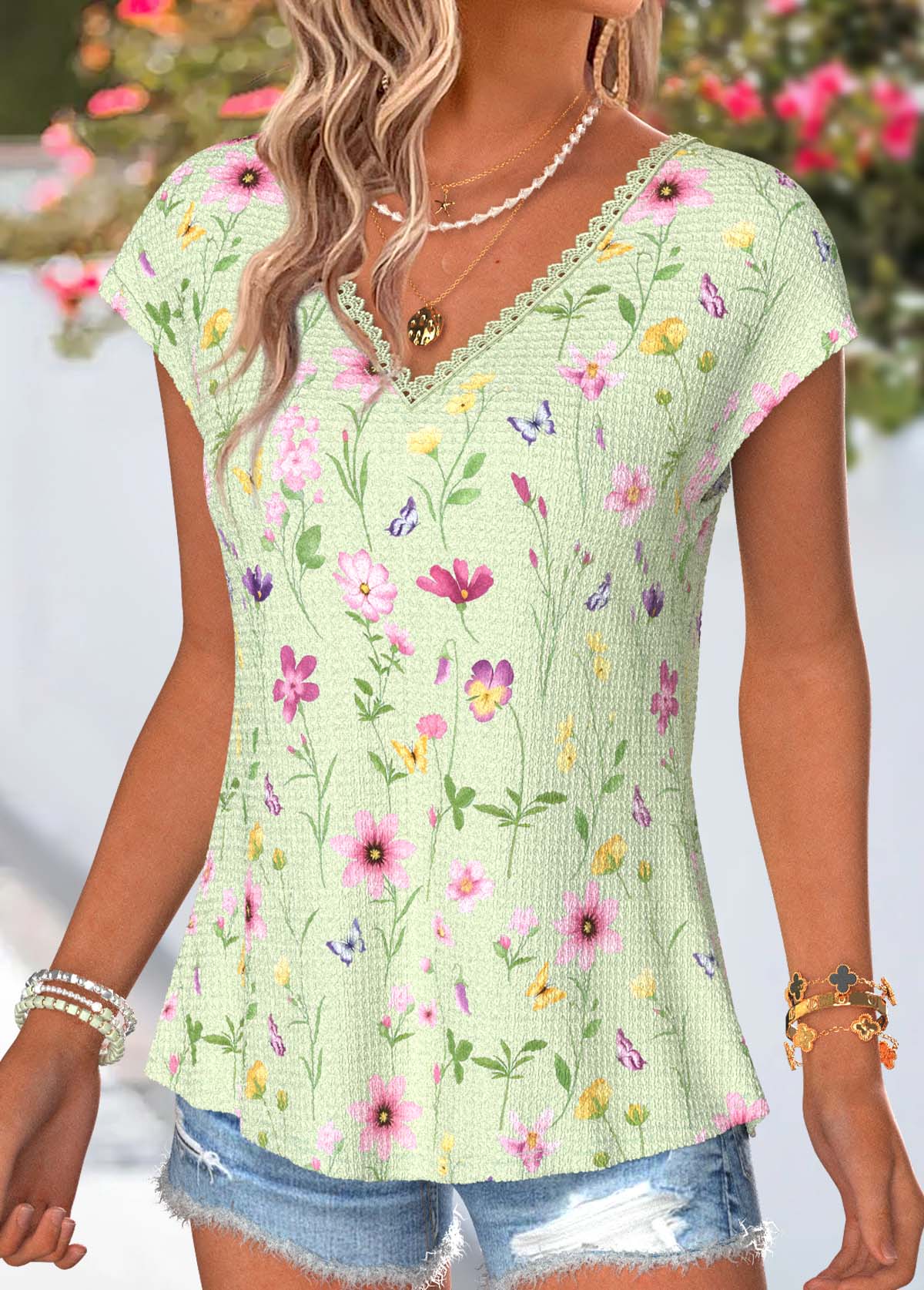 Green Floral Print Bowknot Short Sleeve T Shirt | picture 