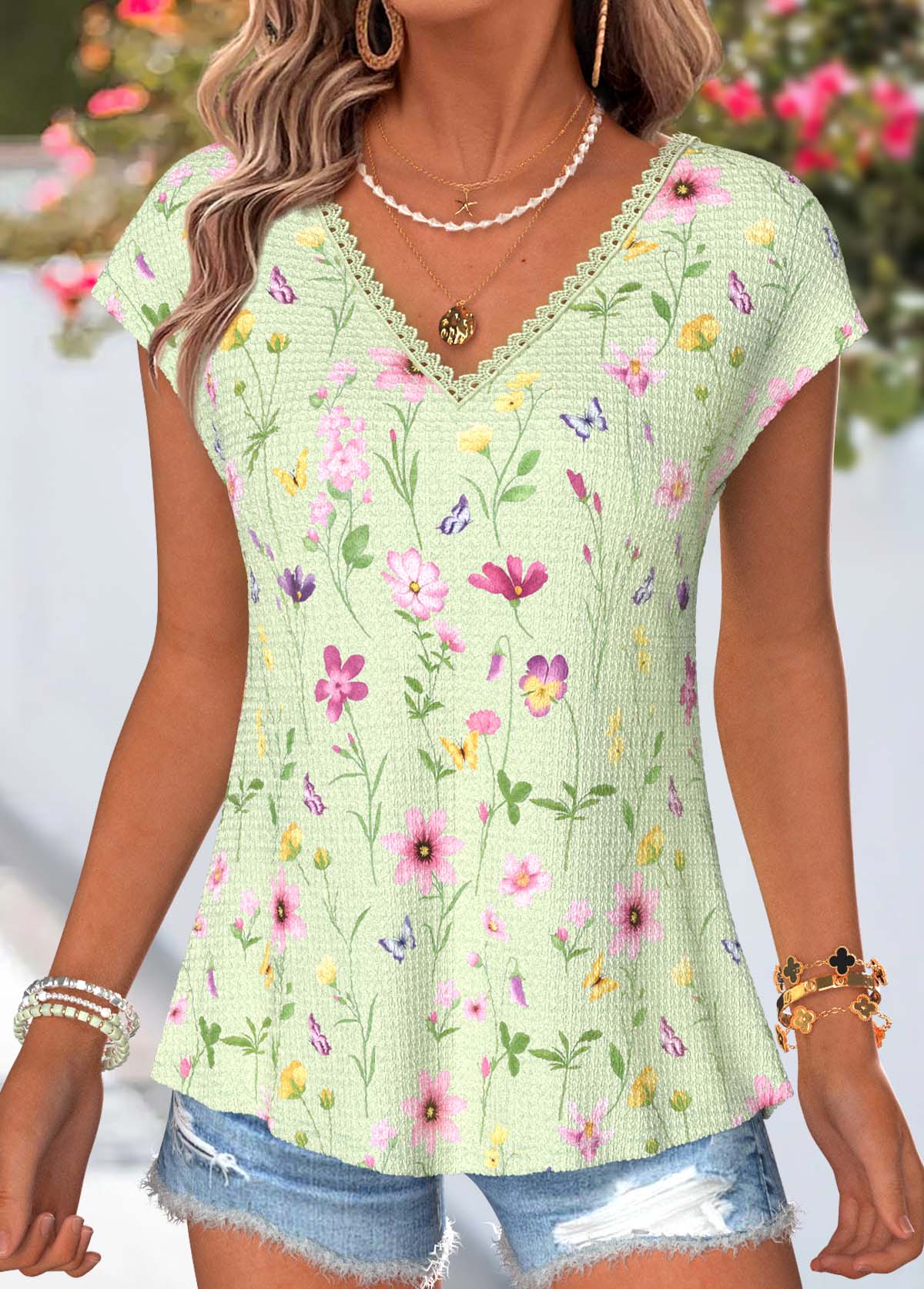 Green Floral Print Bowknot Short Sleeve T Shirt | picture 