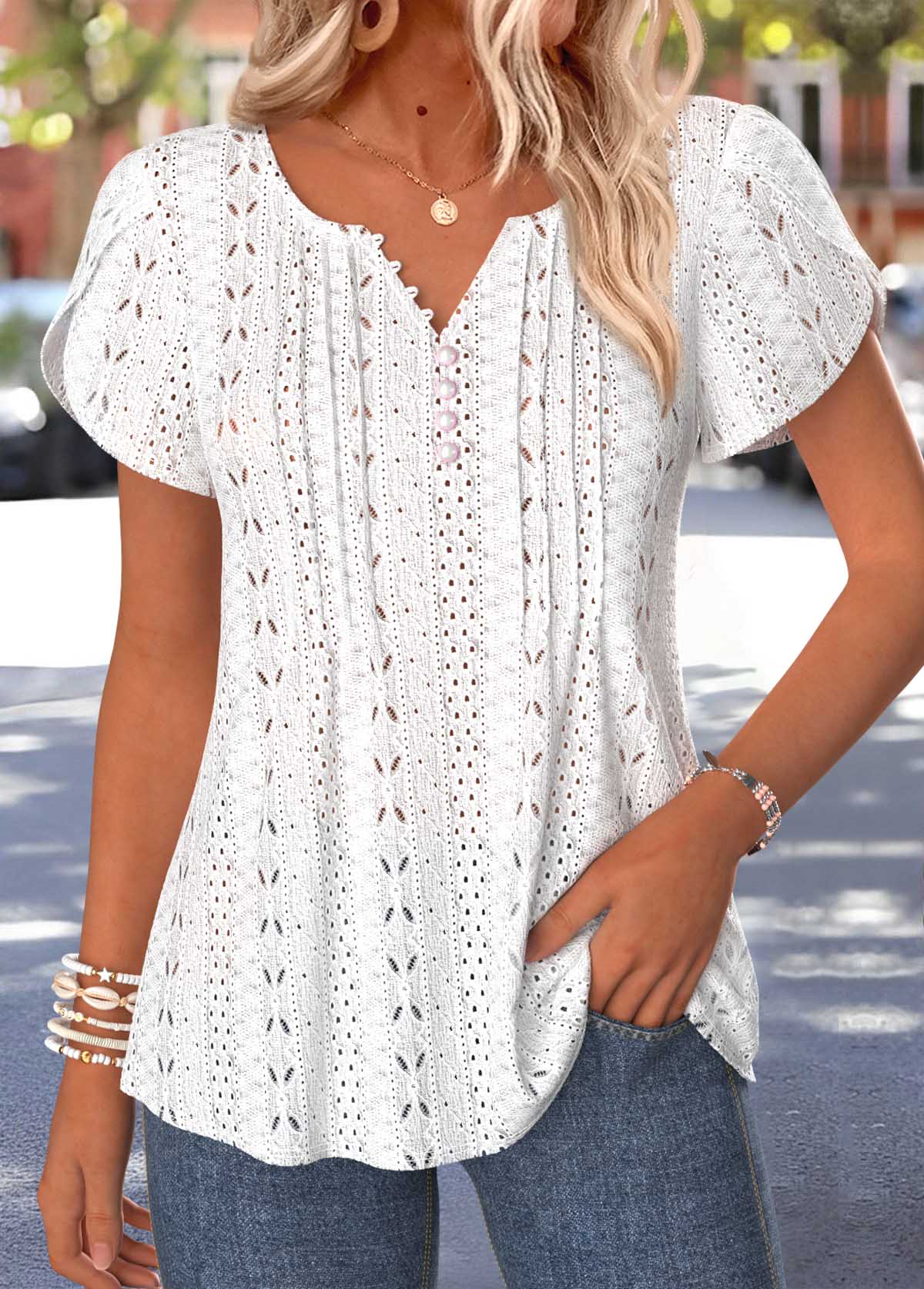 Modlily White Curved Hem Short Sleeve Split Neck T Shirt - S