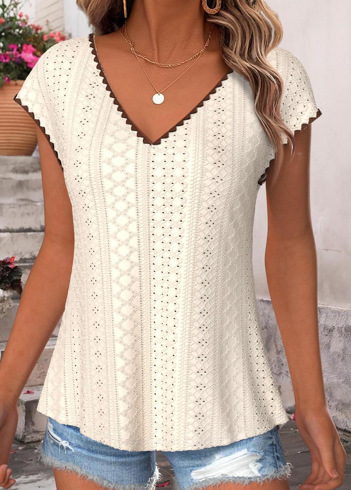 Beige Tummy Coverage Short Sleeve V Neck T Shirt | picture 