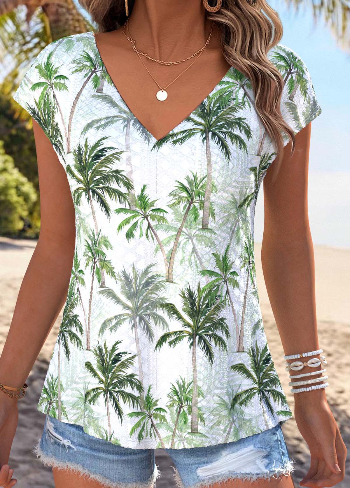 Light Green Tummy Coverage Tropical Plants Print T Shirt | picture 