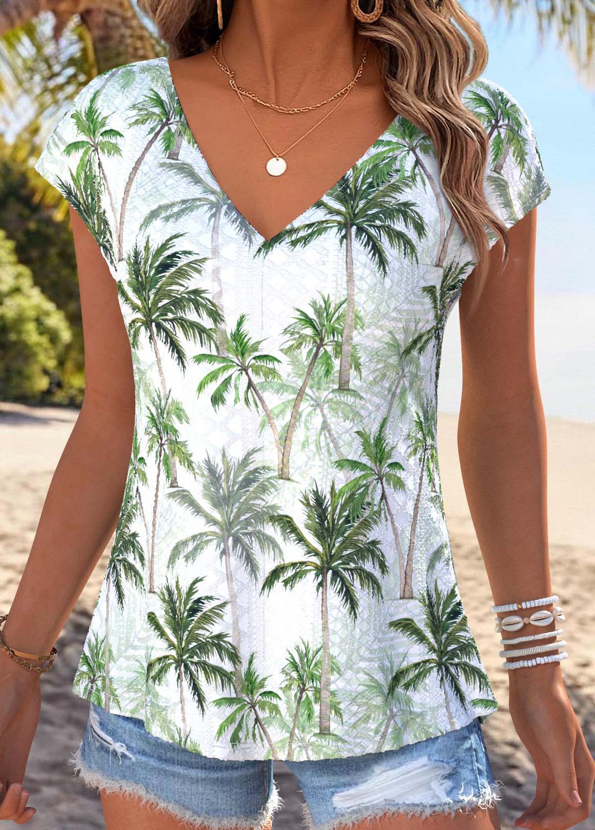 Light Green Tummy Coverage Tropical Plants Print T Shirt | picture 