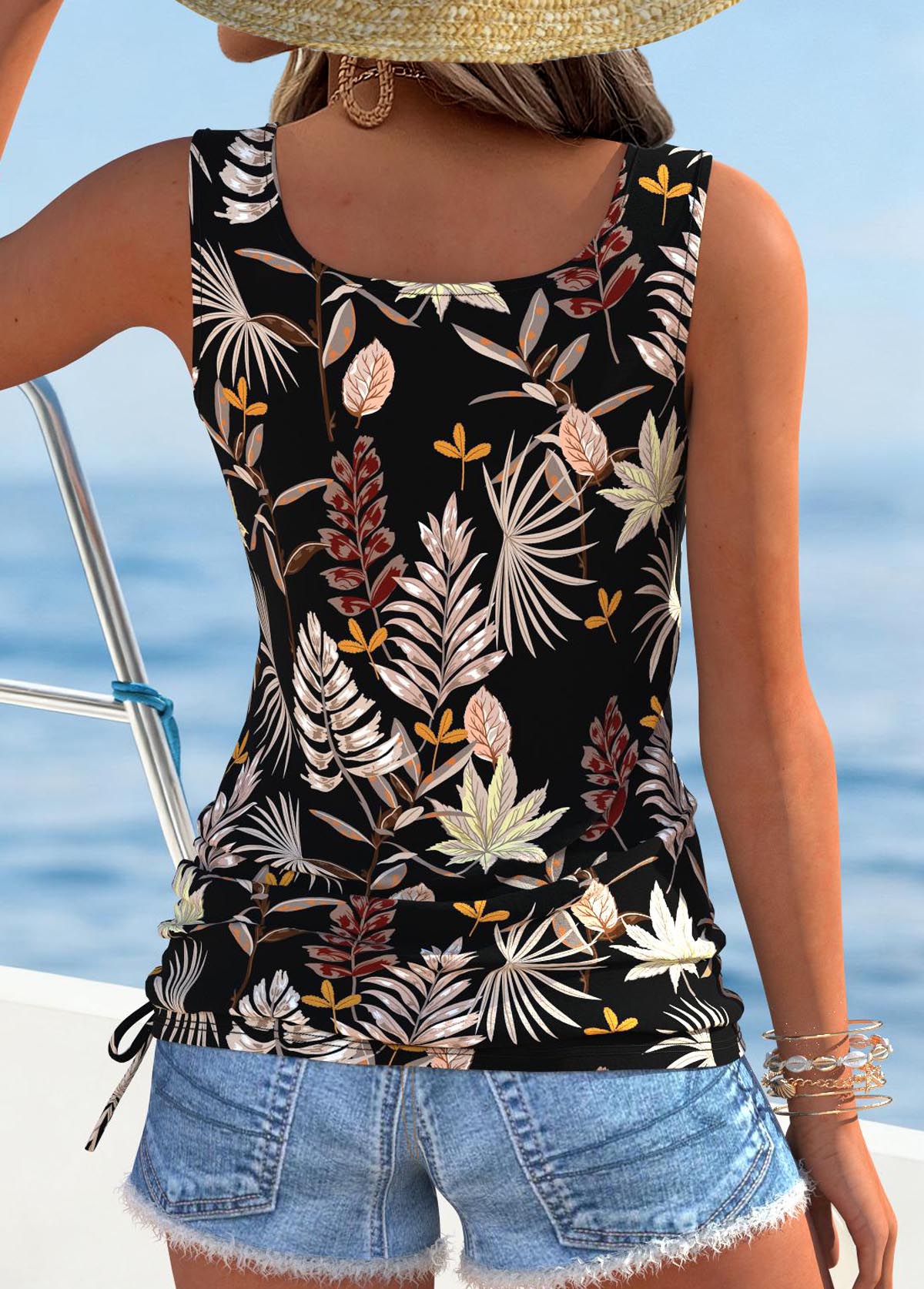 Black Tummy Coverage Leaf Print Sleeveless Tank Top | picture 