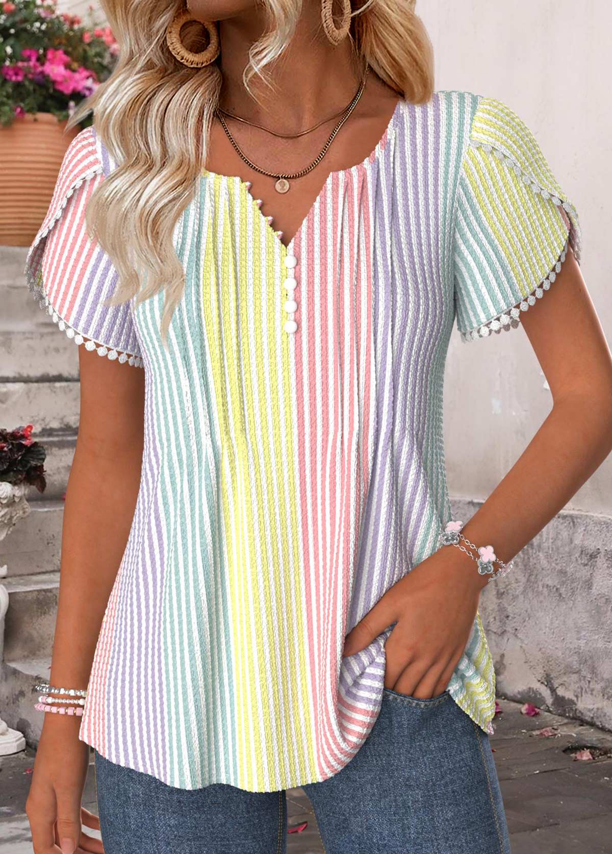 Multi Color Tummy Coverage Striped Short Sleeve T Shirt | picture 