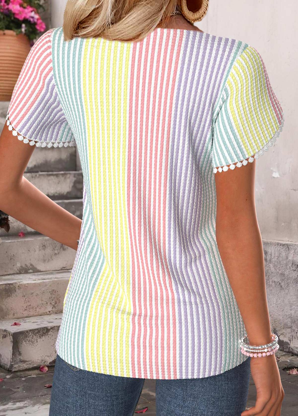 Multi Color Tummy Coverage Striped Short Sleeve T Shirt | picture 