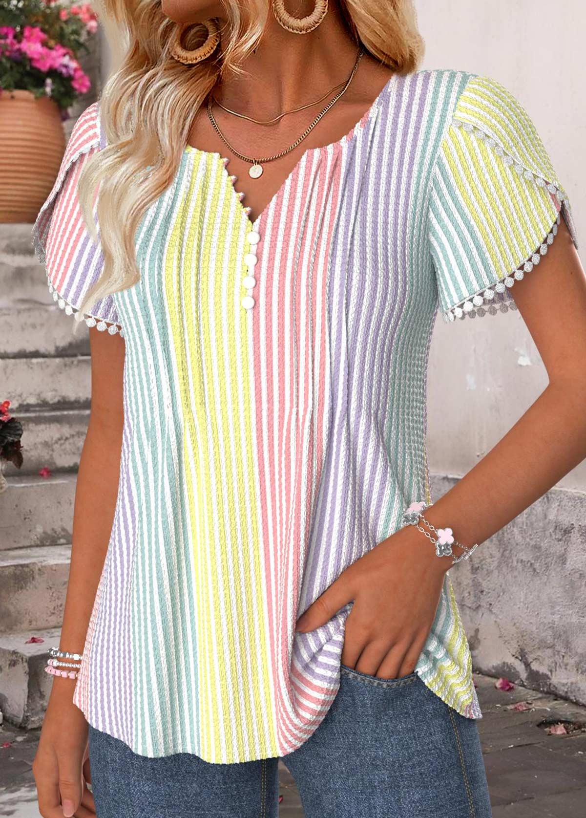 Multi Color Tummy Coverage Striped Short Sleeve T Shirt | picture 