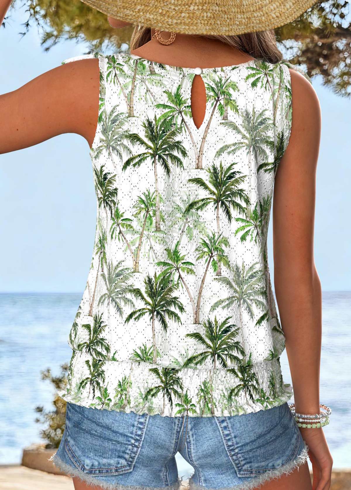 Sage Green Tummy Coverage Tropical Plants Print Tank Top | picture 