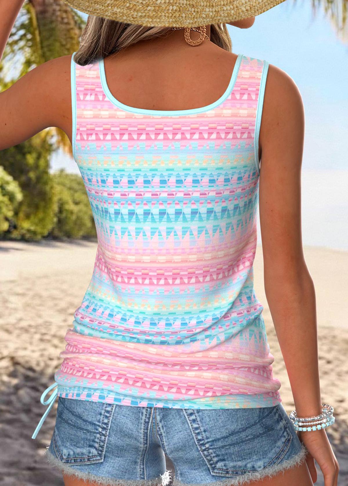 Multi Color Tummy Coverage Geometric Print Sleeveless Tank Top | picture 