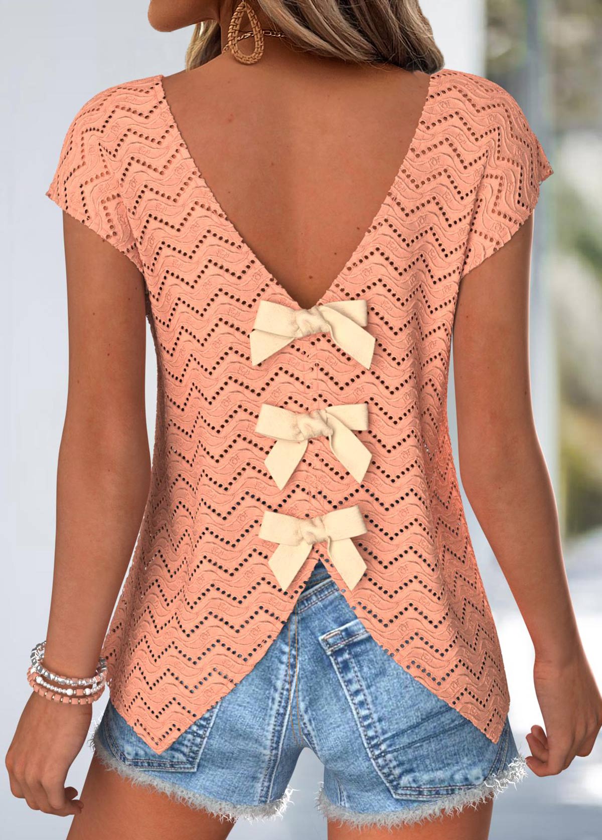 Orange Tummy Coverage Short Sleeve V Neck T Shirt | picture 