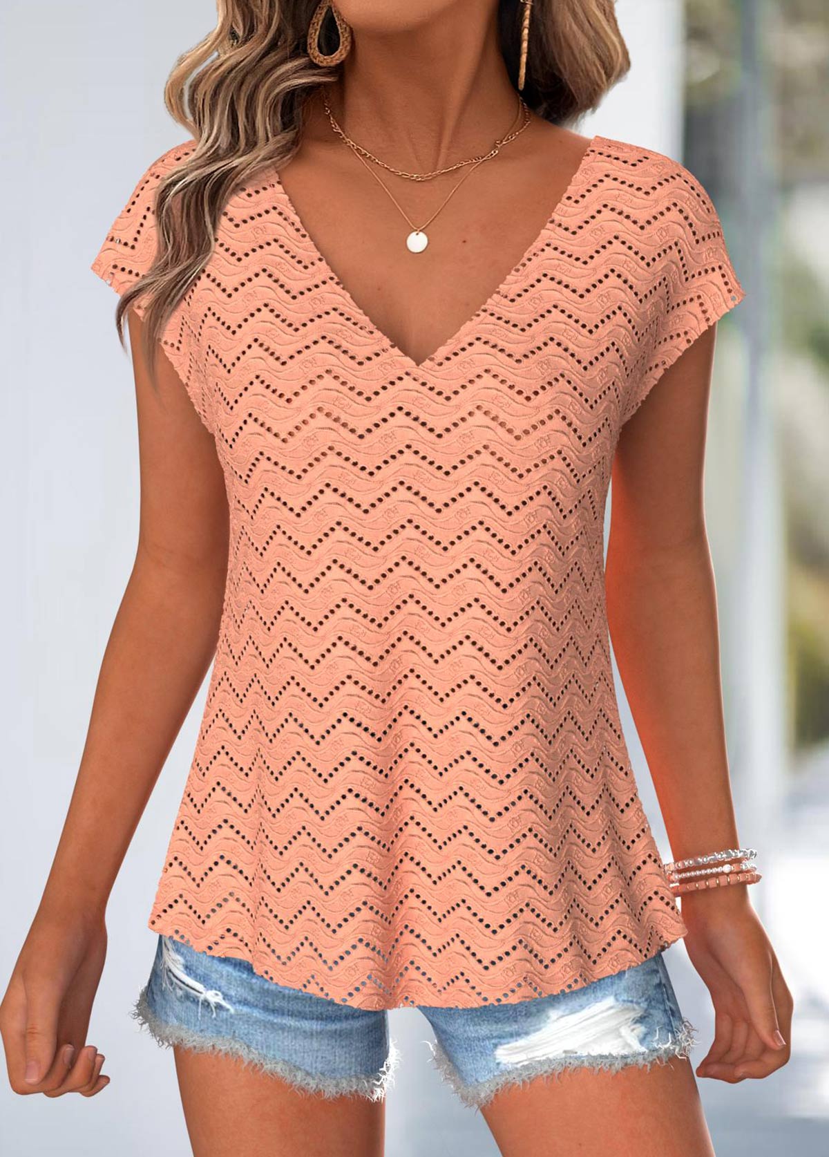 Orange Tummy Coverage Short Sleeve V Neck T Shirt | picture 
