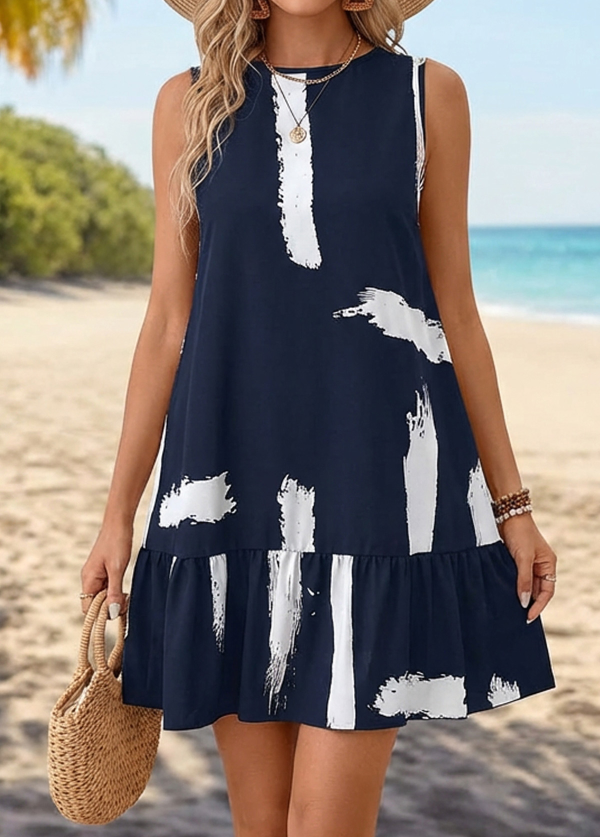 Navy Tummy Coverage Geometric Print Short Sleeveless Dress | picture 