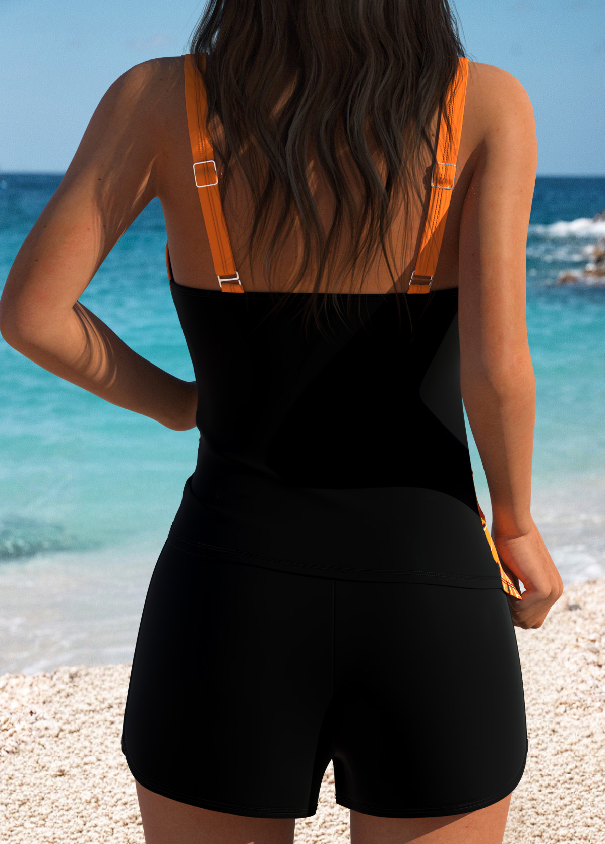 Tummy Coverage Mid Waisted Leaf Print Orange Tankini Set | picture 