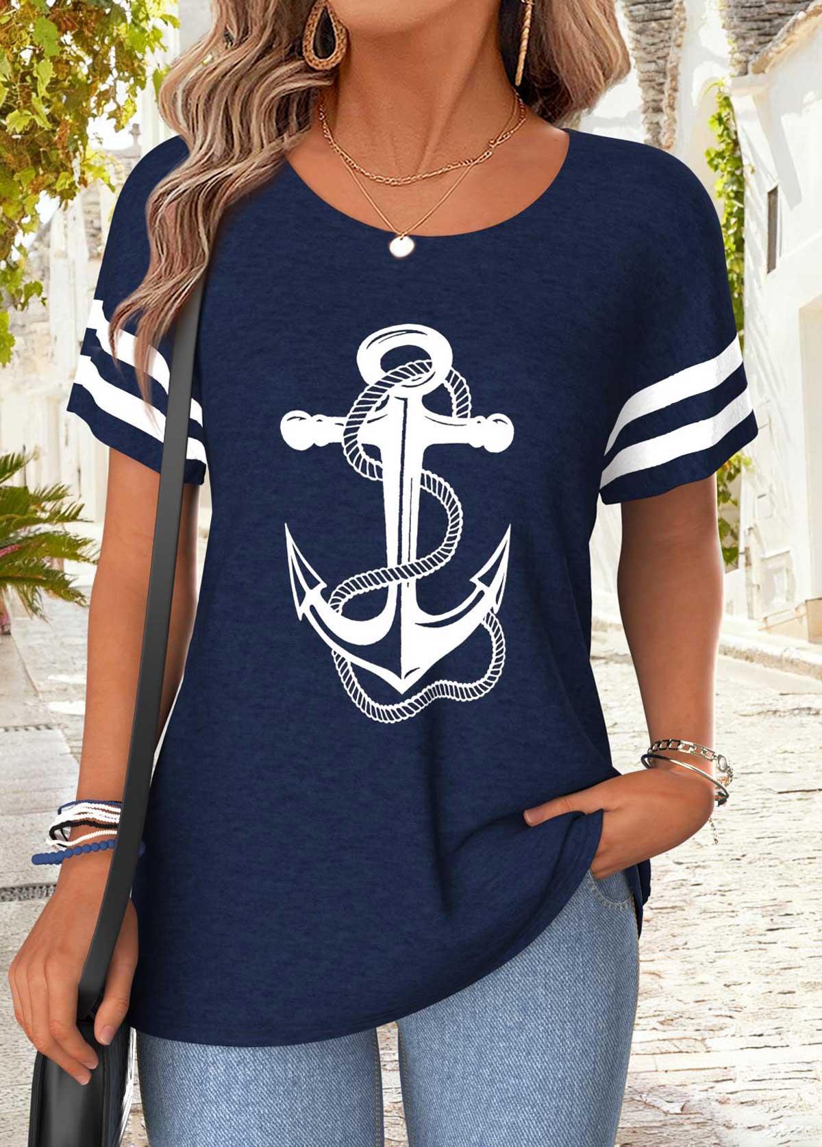 Navy Tummy Coverage Geometric Print Short Sleeve T Shirt | picture 