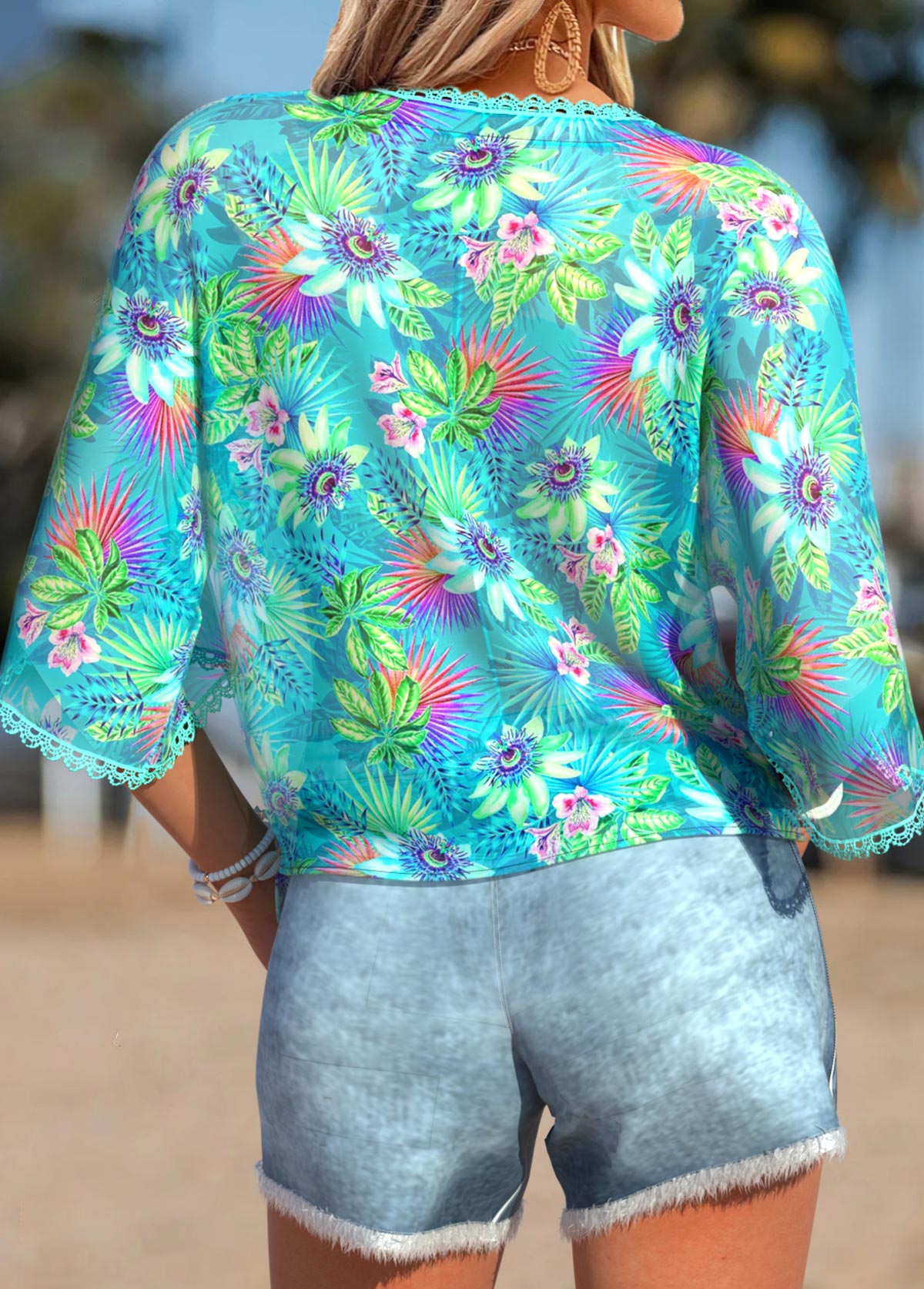 Cyan Patchwork Marine Life Print Half Sleeve Blouse | picture 