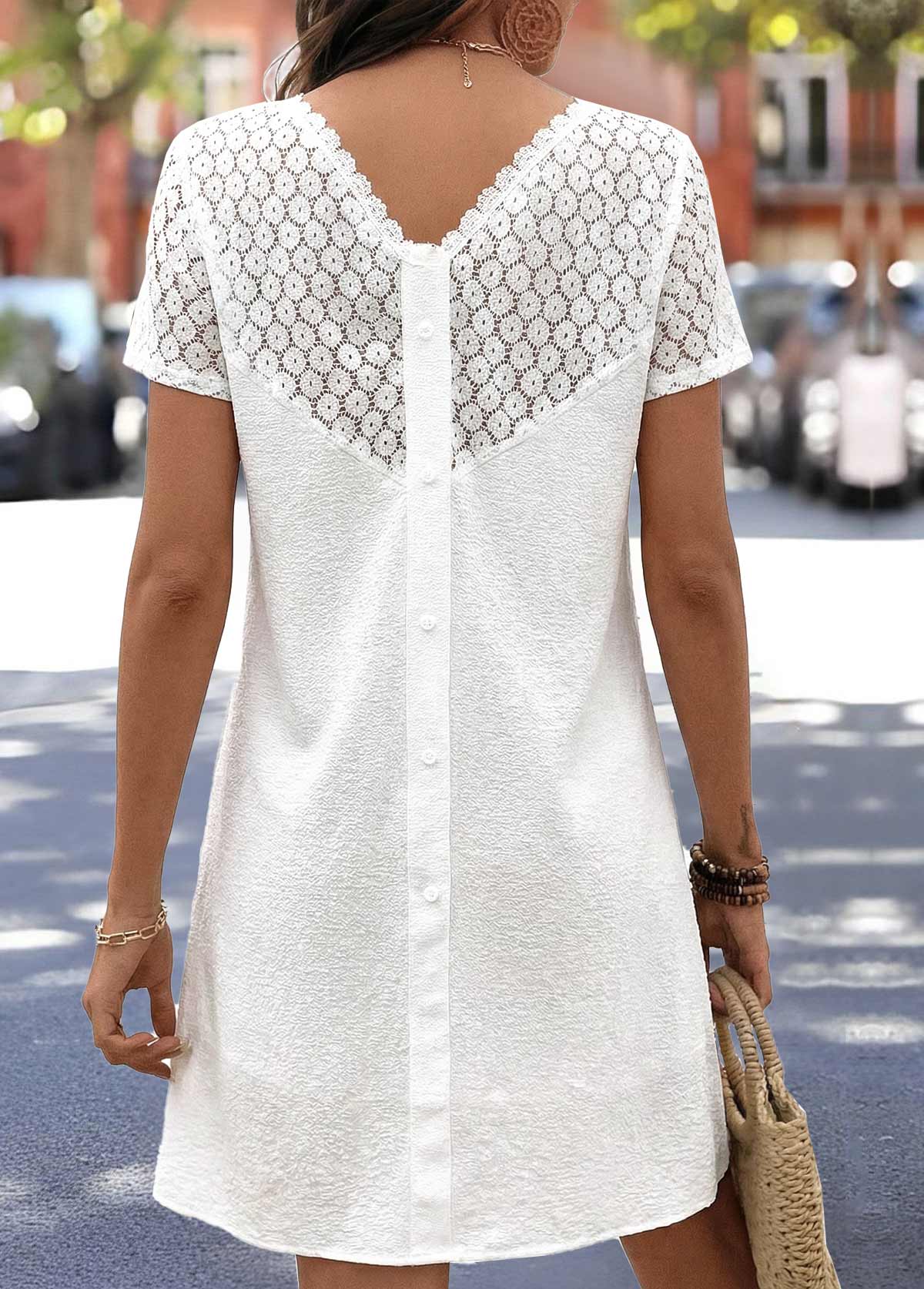 White Patchwork Short Sleeve Square Neck Dress | picture 