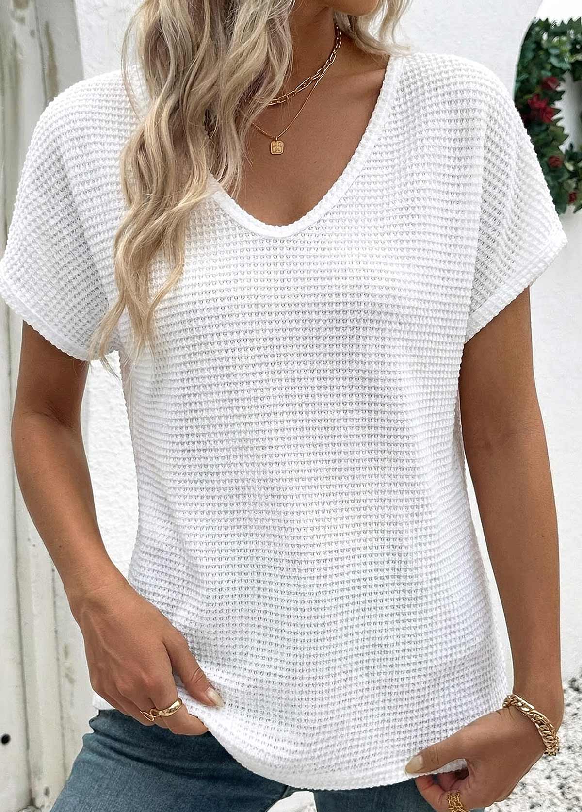 White Patchwork Short Sleeve V Neck T Shirt | picture 