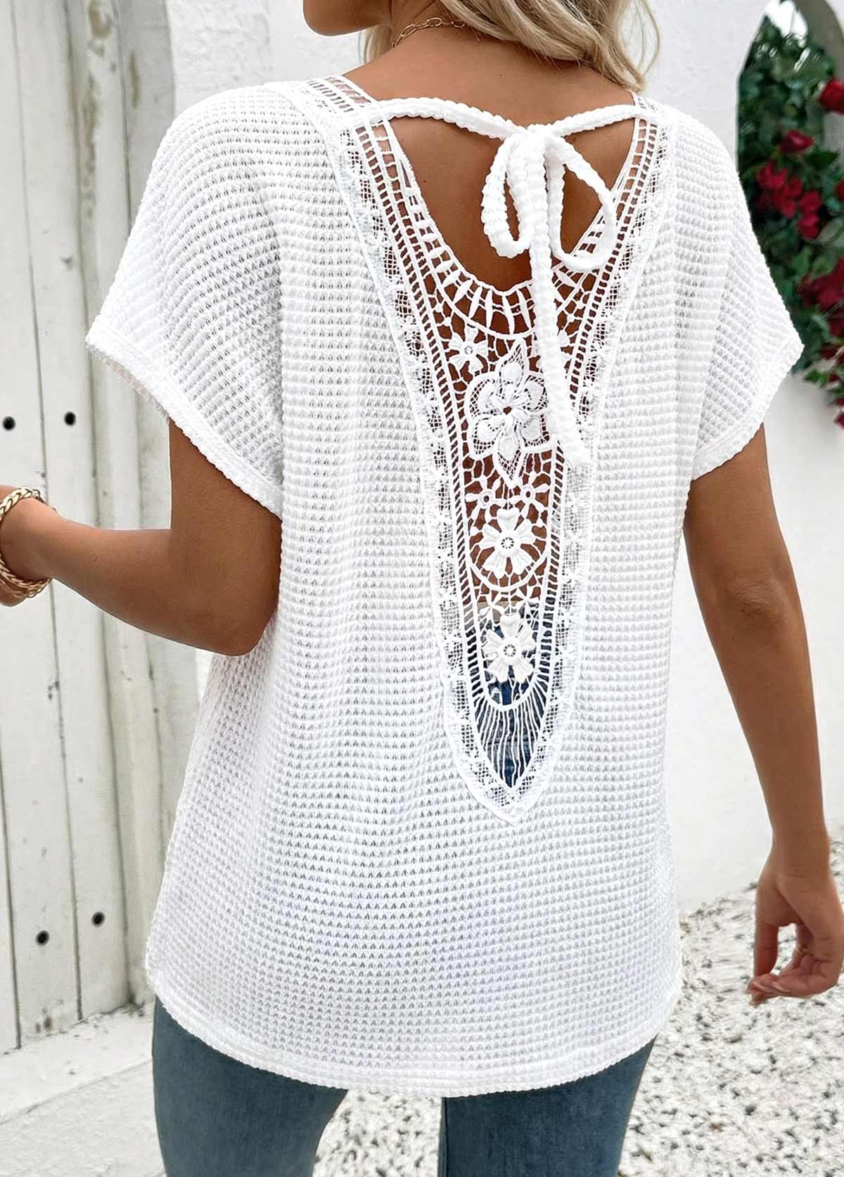 White Patchwork Short Sleeve V Neck T Shirt | picture 