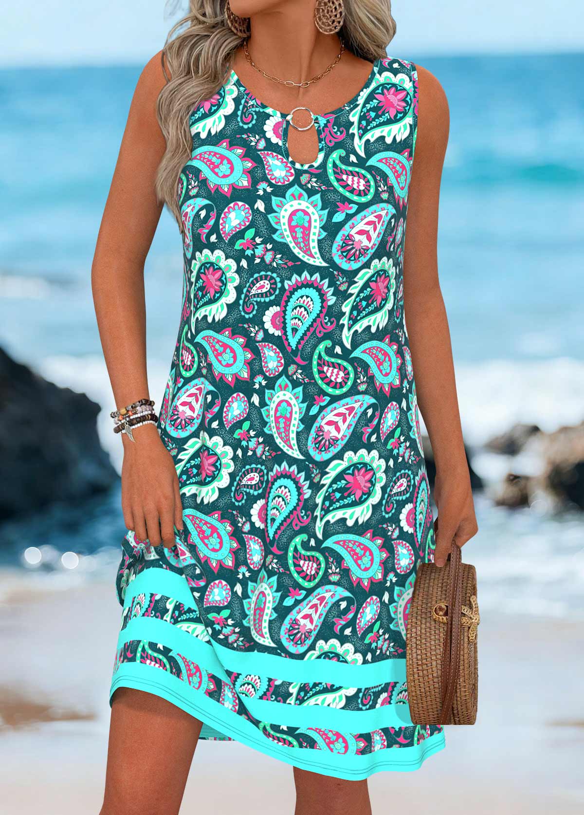 Multi Color Cut Out Paisley Print Sleeveless Dress | picture 