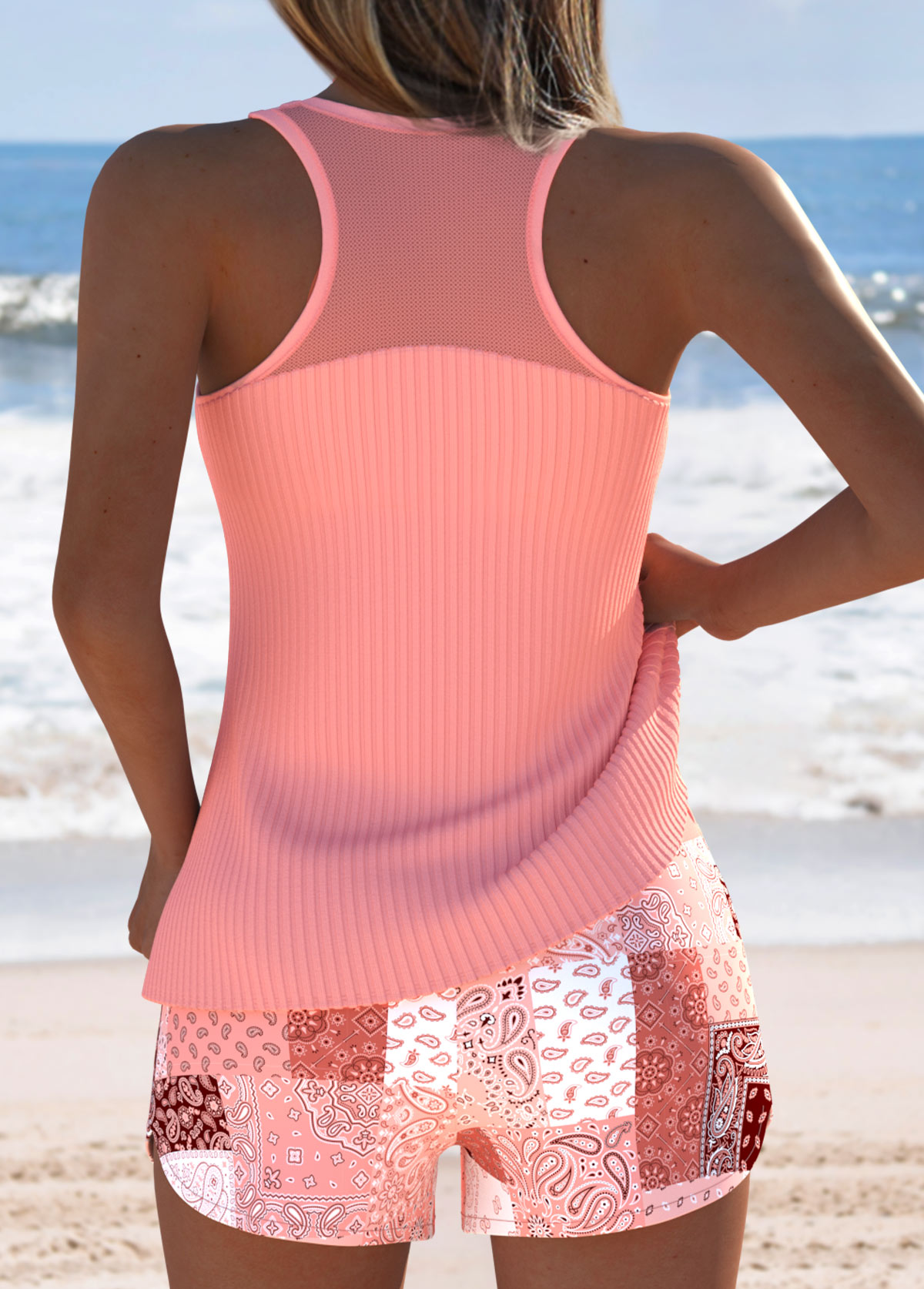 Tummy Coverage Mid Waisted Patchwork Dusty Pink Tankini Set | picture 