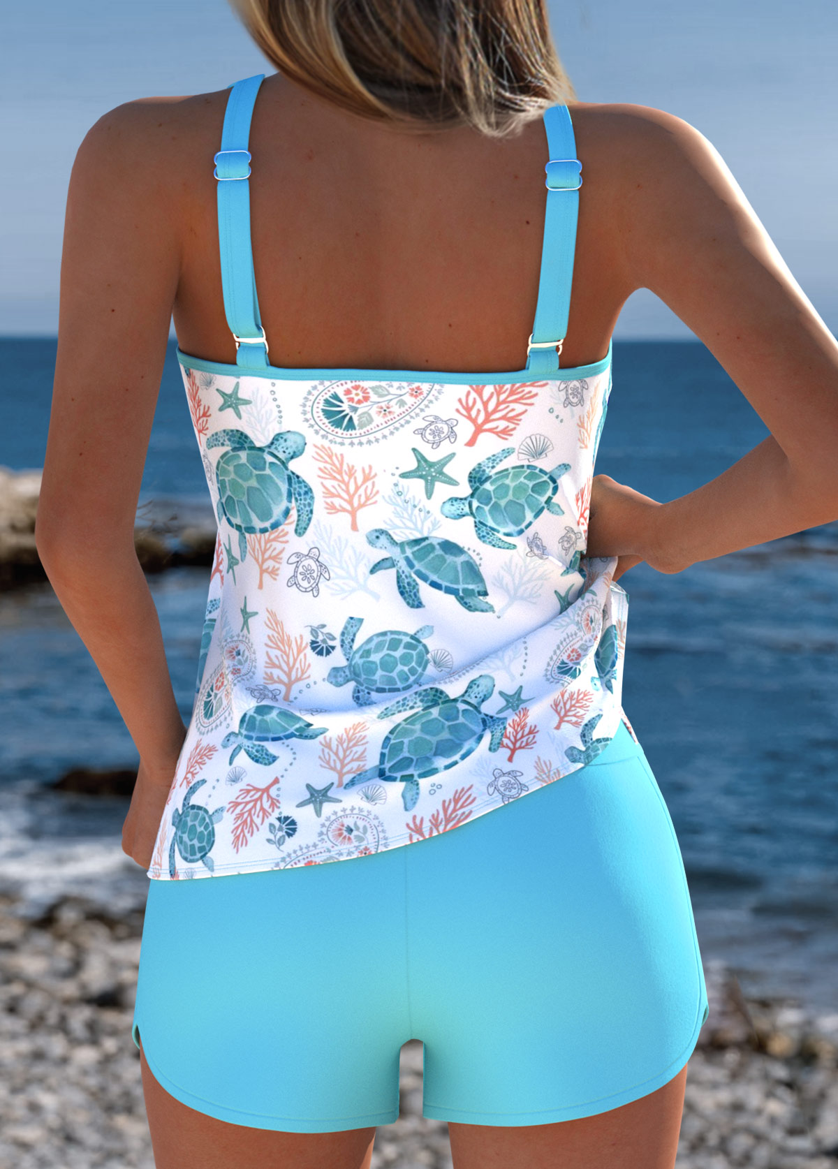 Tummy Coverage Mid Waisted Marine Life Print Tankini Set | picture 