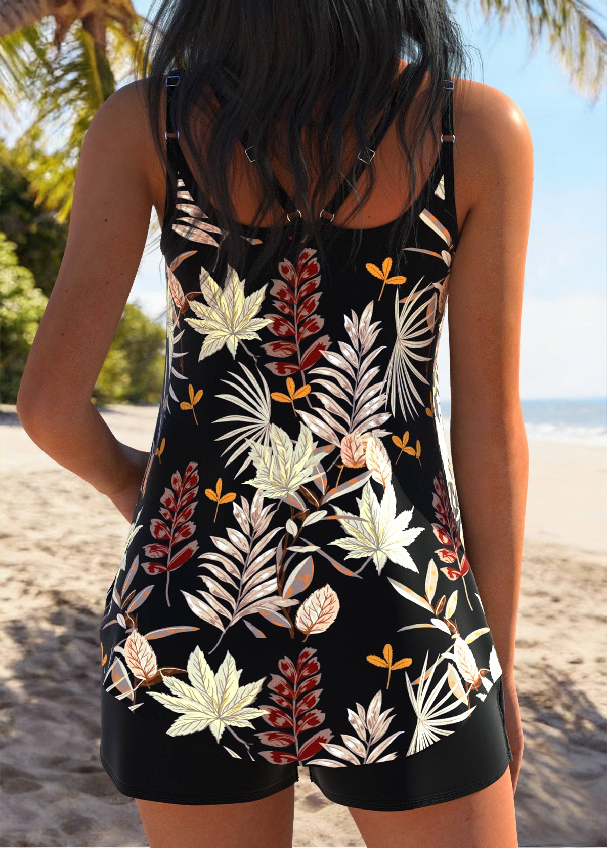 Tummy Coverage Mid Waisted Leaf Print Black Tankini Set | picture 