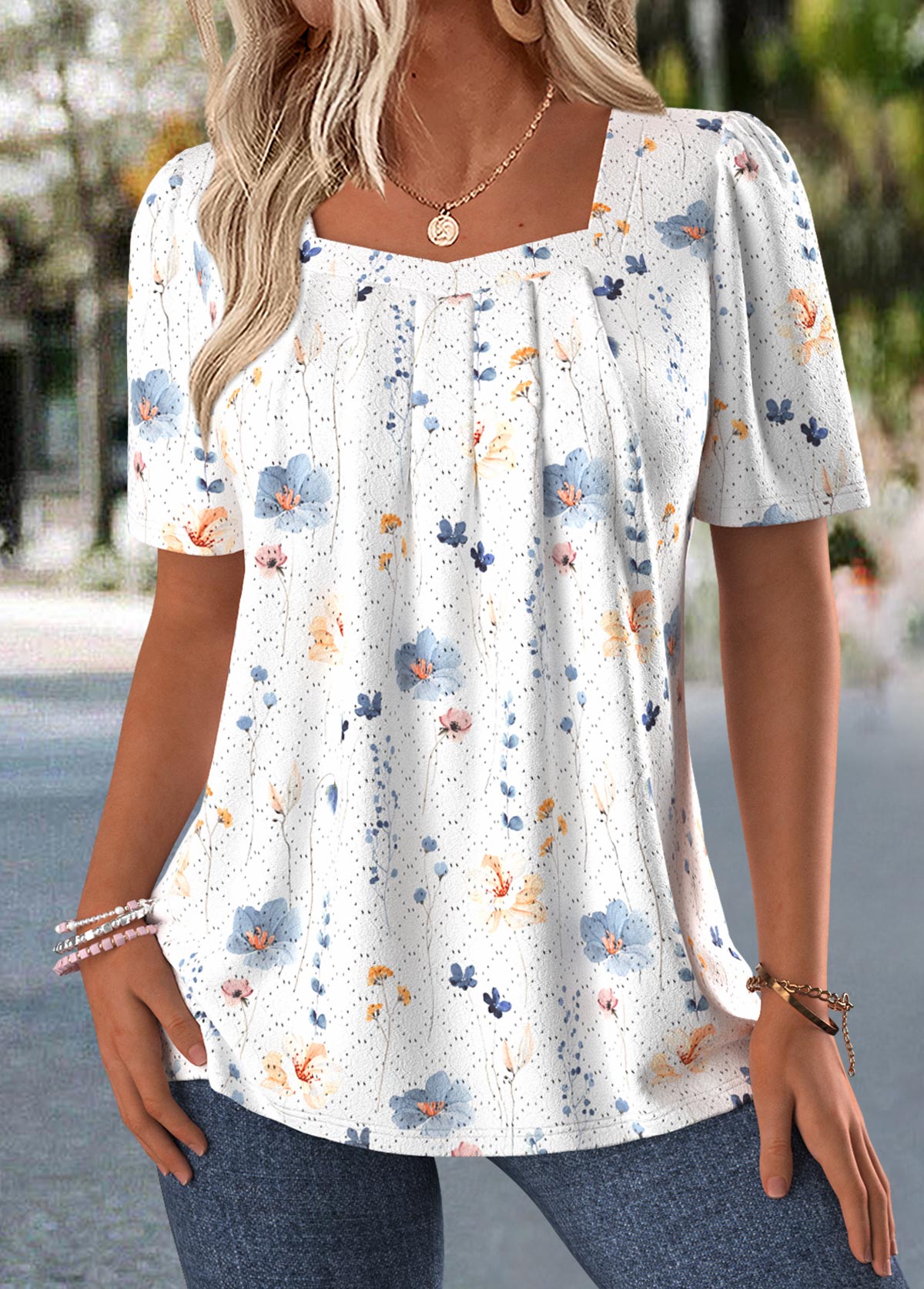 White Tummy Coverage Ditsy Floral Print T Shirt | picture 