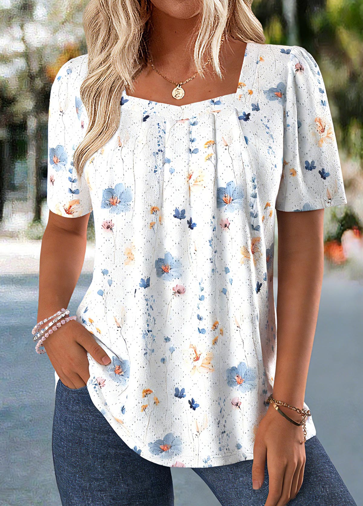 White Tummy Coverage Ditsy Floral Print T Shirt | picture 