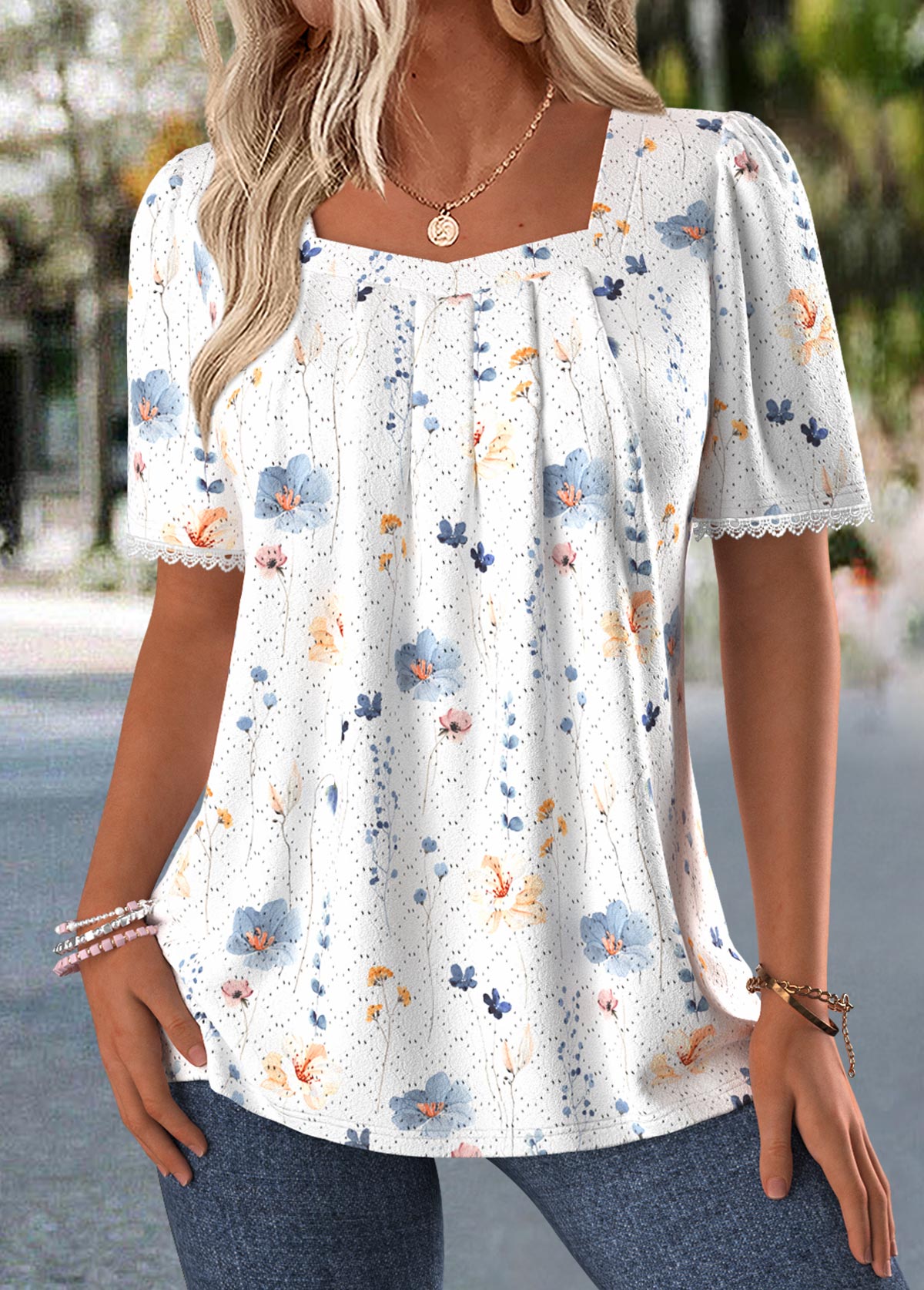 White Tummy Coverage Ditsy Floral Print T Shirt | picture 