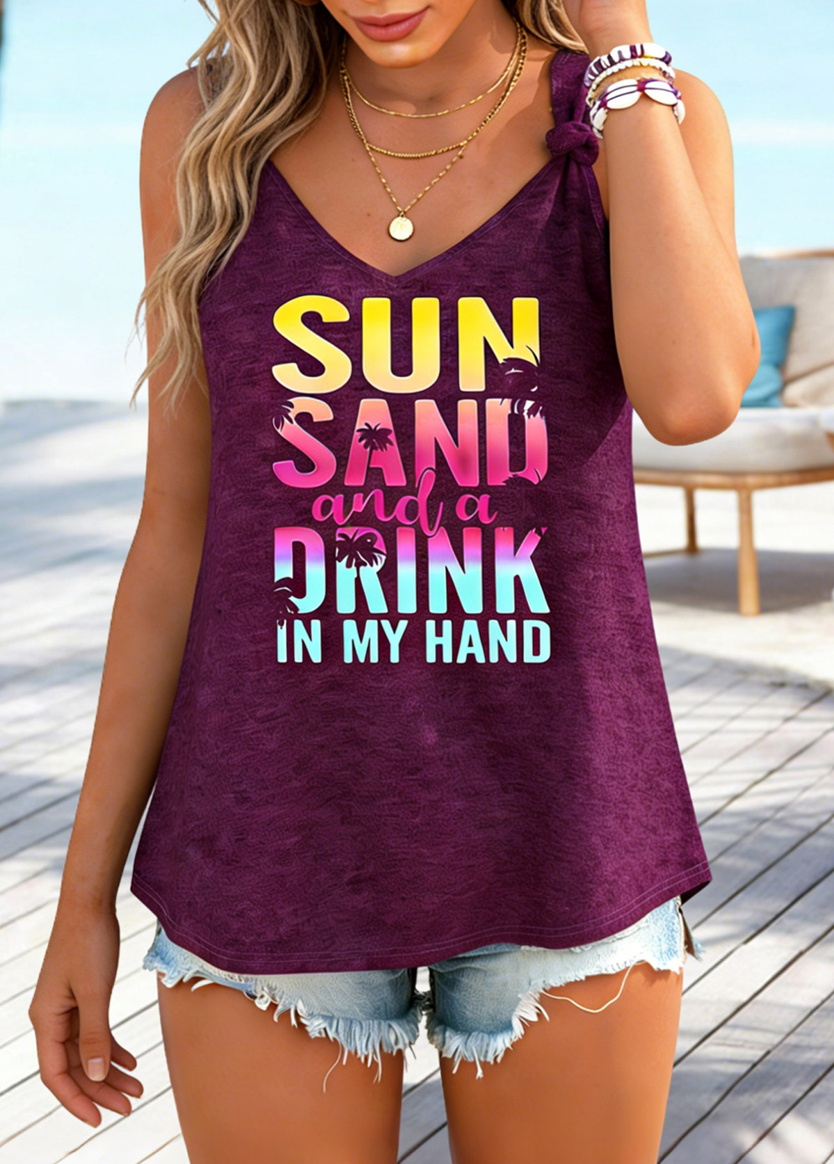 Wine Red Tie Letter Print Strappy Tank Top | picture 