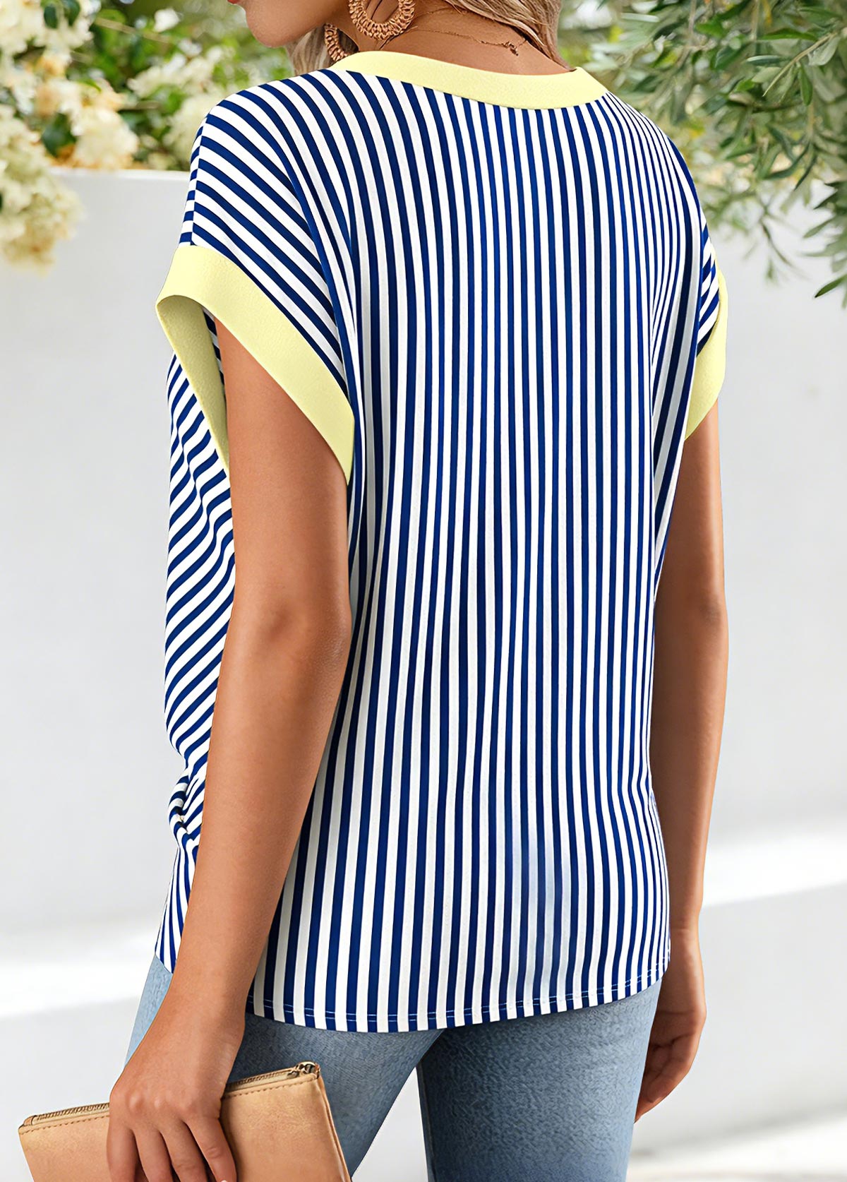 Navy Surplice Striped Short Sleeve Round Neck T Shirt | picture 
