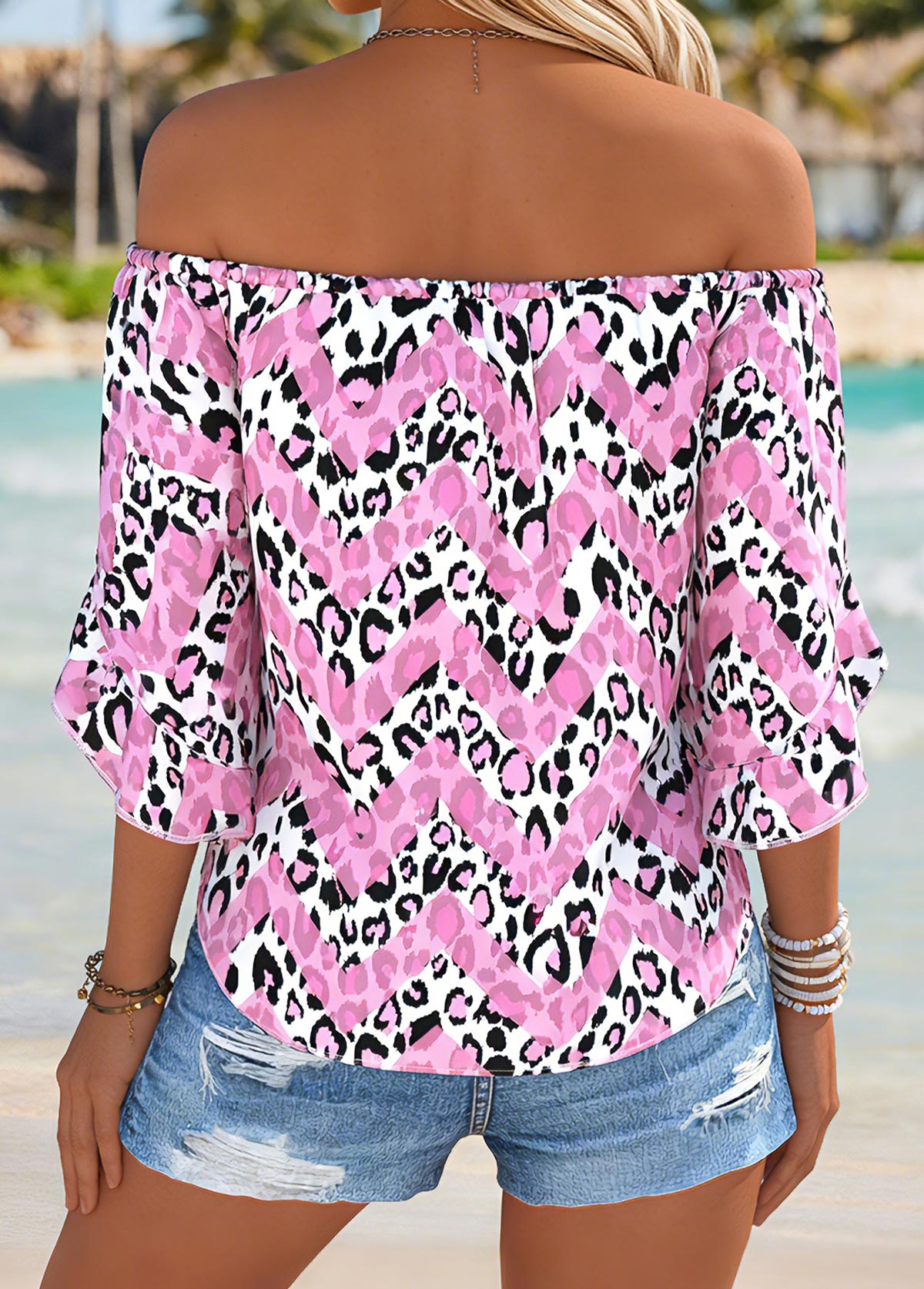 Pink Tie Leopard Half Sleeve Off Shoulder Blouse | picture 