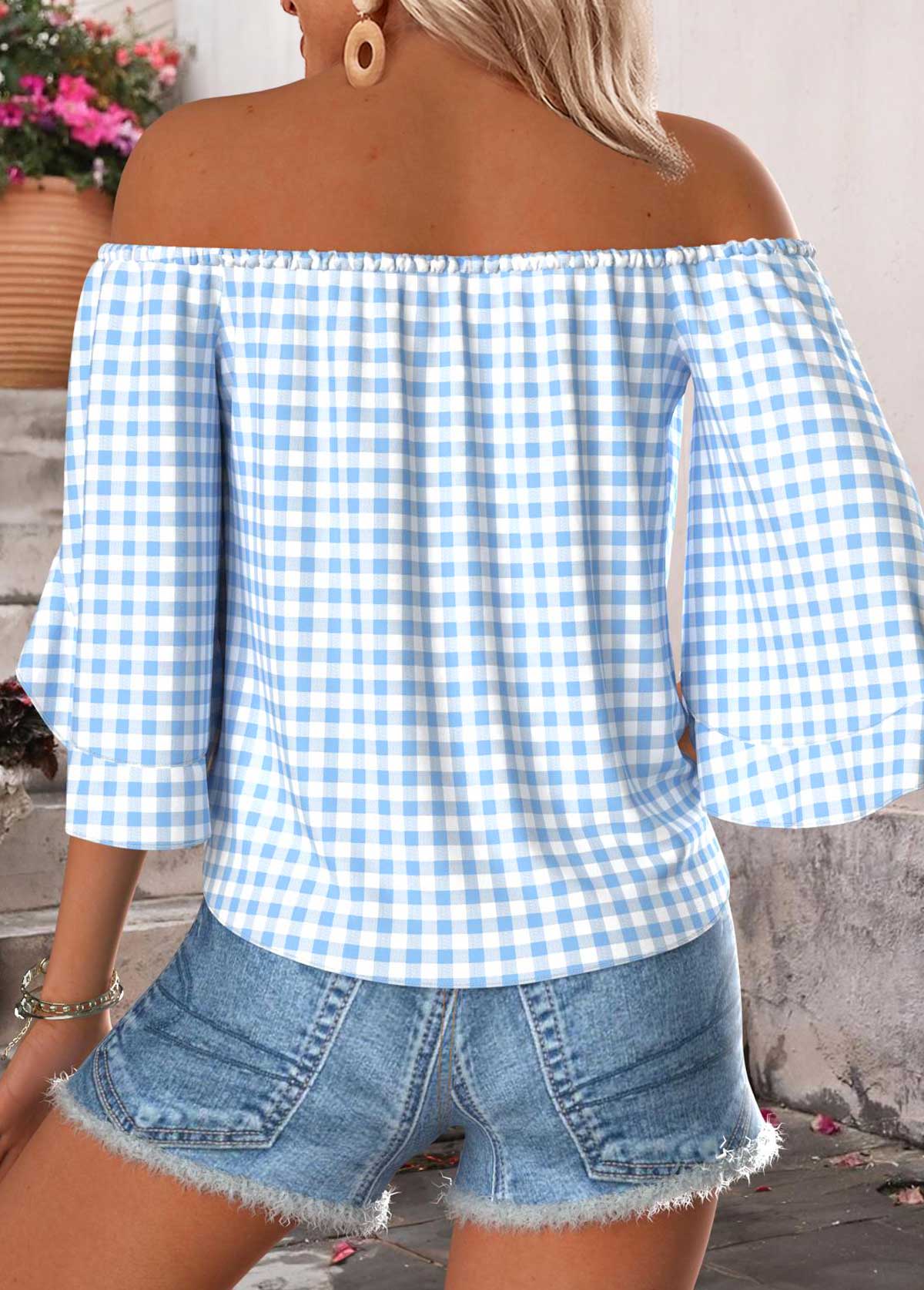 Light Blue Tummy Coverage Plaid Half Sleeve Blouse | picture 