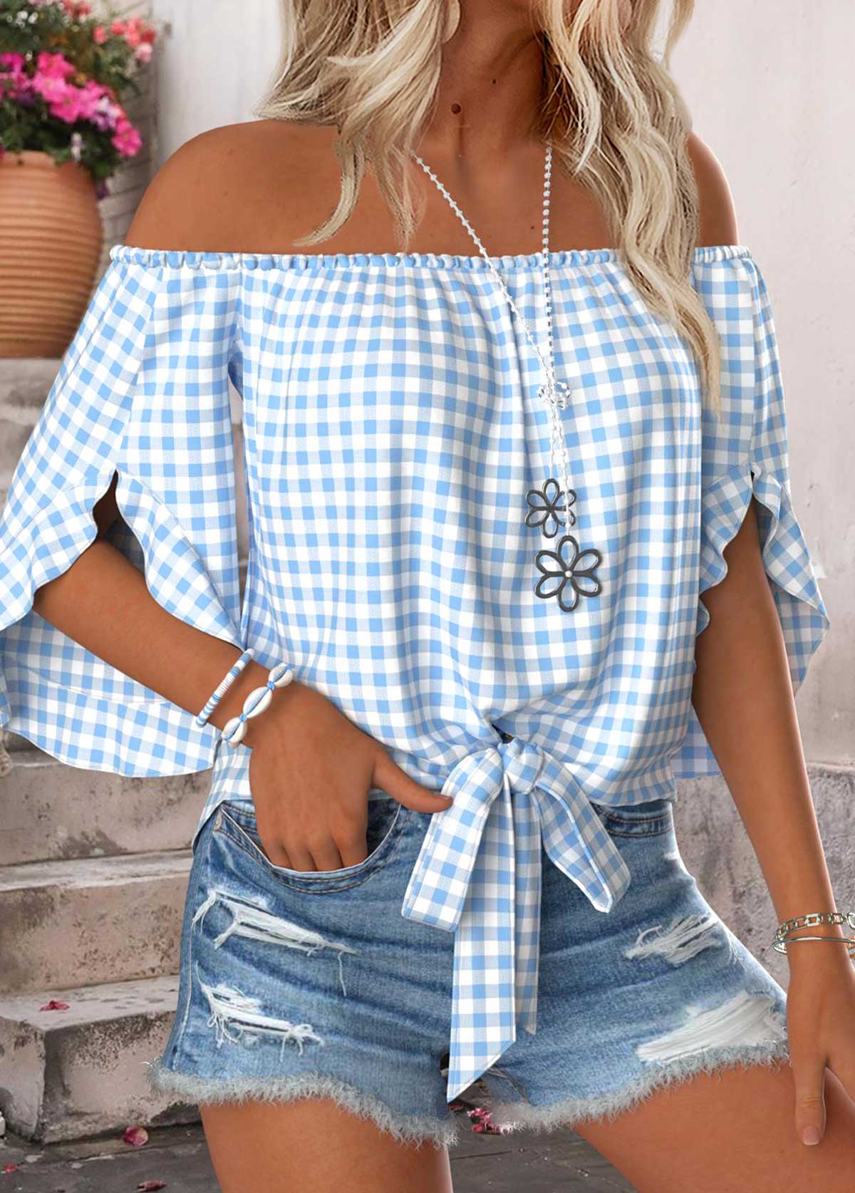 Light Blue Tummy Coverage Plaid Half Sleeve Blouse | picture 