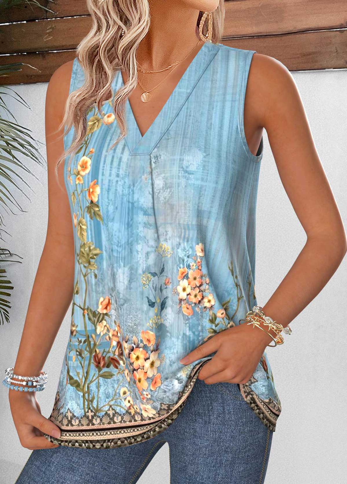 Dusty Blue Tummy Coverage Random Floral Print Tank Top | picture 