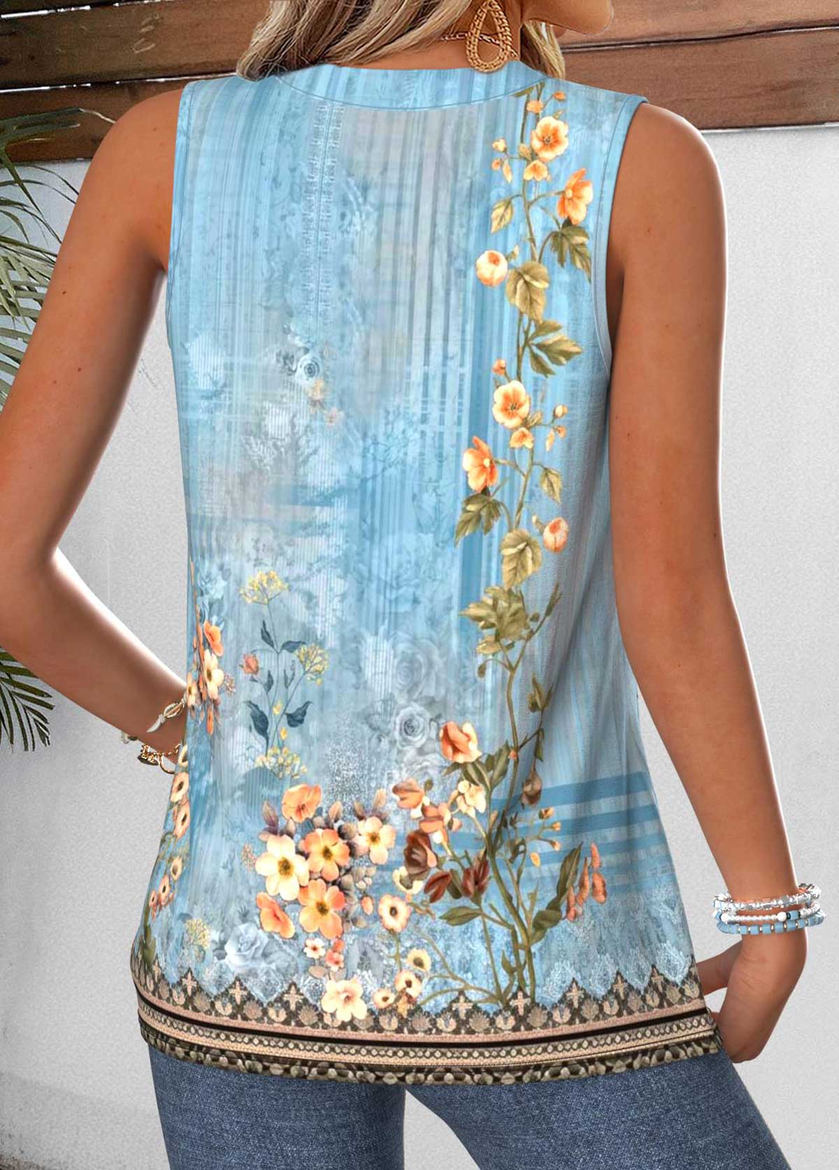 Dusty Blue Tummy Coverage Random Floral Print Tank Top | picture 